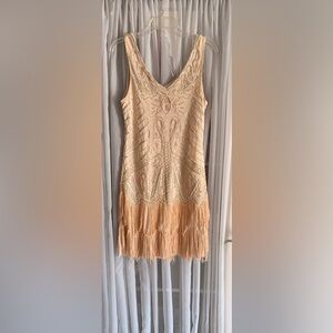 Beaded Fringe Midi Dress in Peach